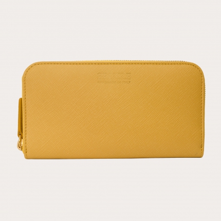 Women's leather wallet with gold zip, mimosa yellow saffiano