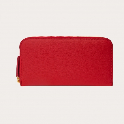 Elegante portafoglio da donna in stampa saffiano con zip oro, rosso rubino