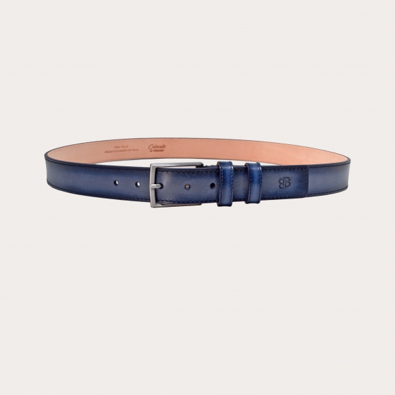 Nickel free handcolored leather belt for men, grey shaded blue navy