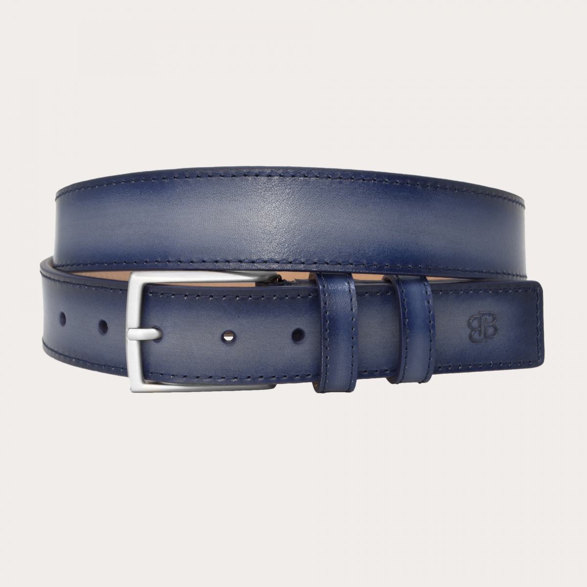 BRUCLE Cinturón de hombre de piel coloreada a mano sin níquel, gris degradado azul marino