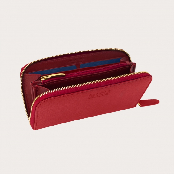 BRUCLE Elegant women's wallet in saffiano print with gold zip, ruby red