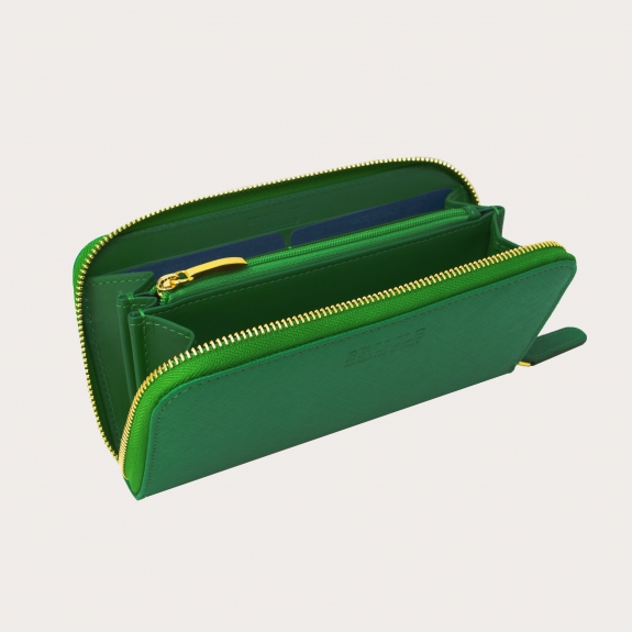 BRUCLE Damen Portemonnaie mit Saffiano-Druck und goldenem Reißverschluss, Smaragdgrün