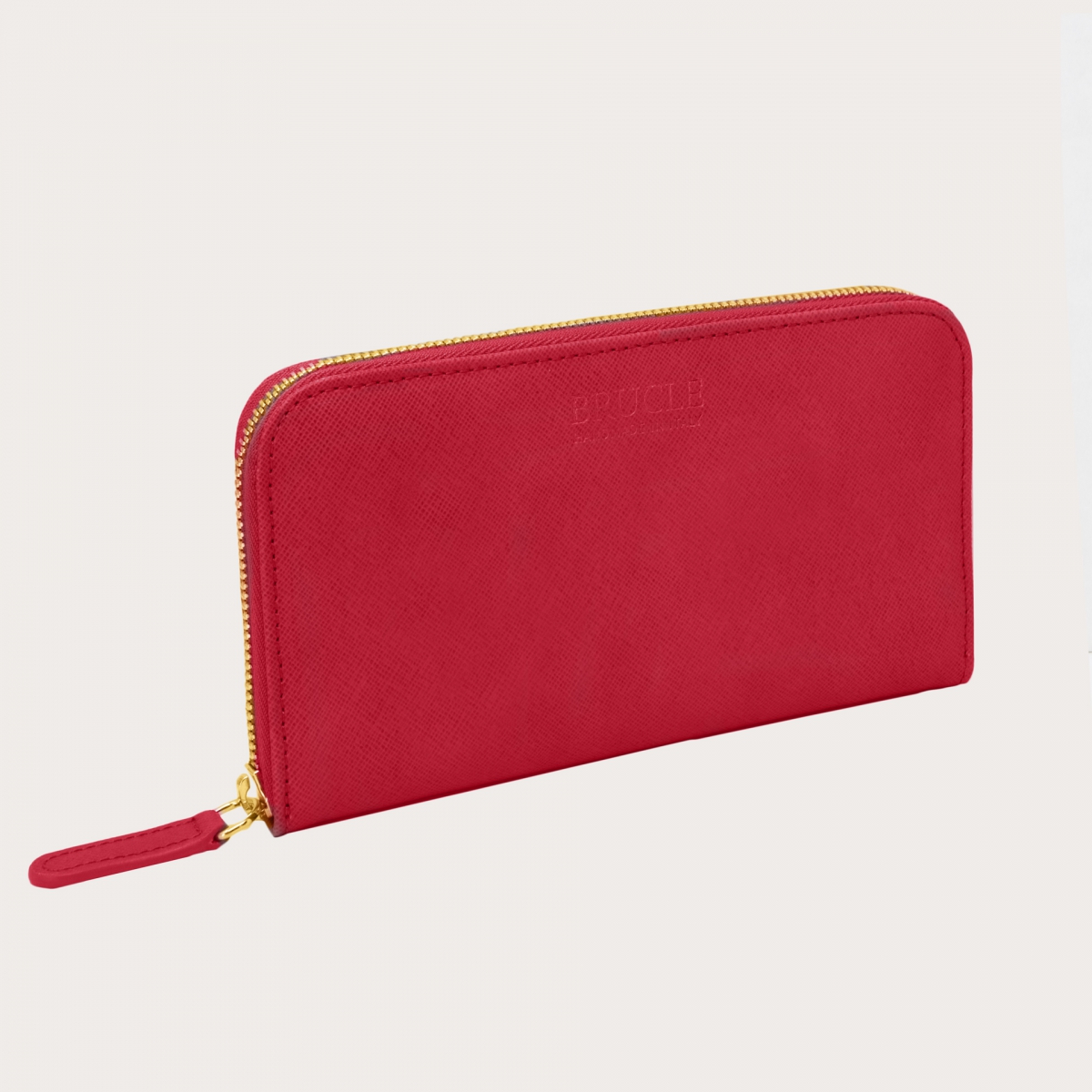 BRUCLE Elegant women's wallet in saffiano print with gold zip, ruby red