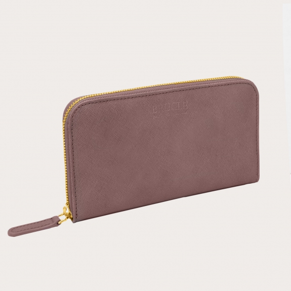 BRUCLE Women's saffiano print smart wallet with gold zipper, mauve color