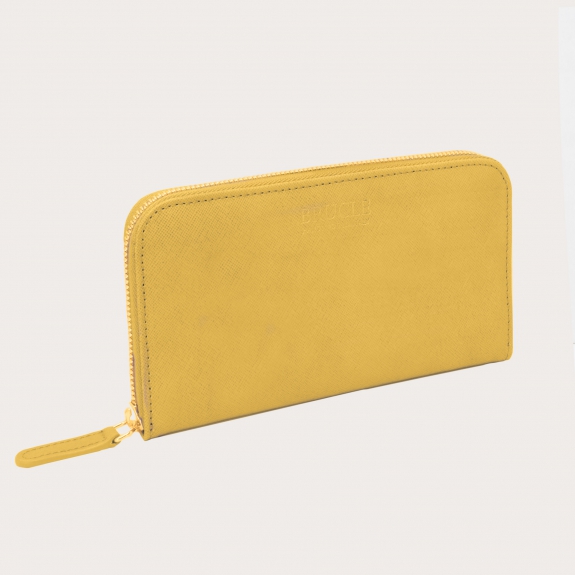 BRUCLE Portefeuille femme en imprimé saffiano avec zip doré, jaune mimosa