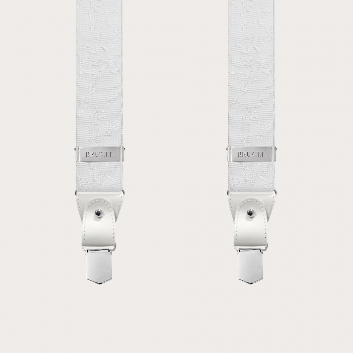 BRUCLE Nickel-free white ceremony suspenders with tone-on-tone pattern