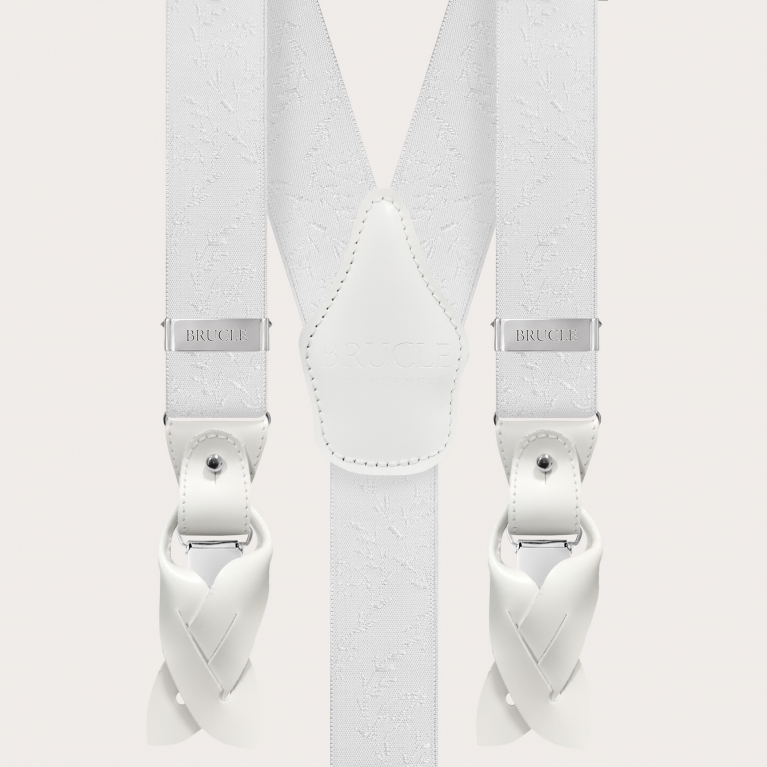 Nickel-free white ceremony suspenders with tone-on-tone pattern