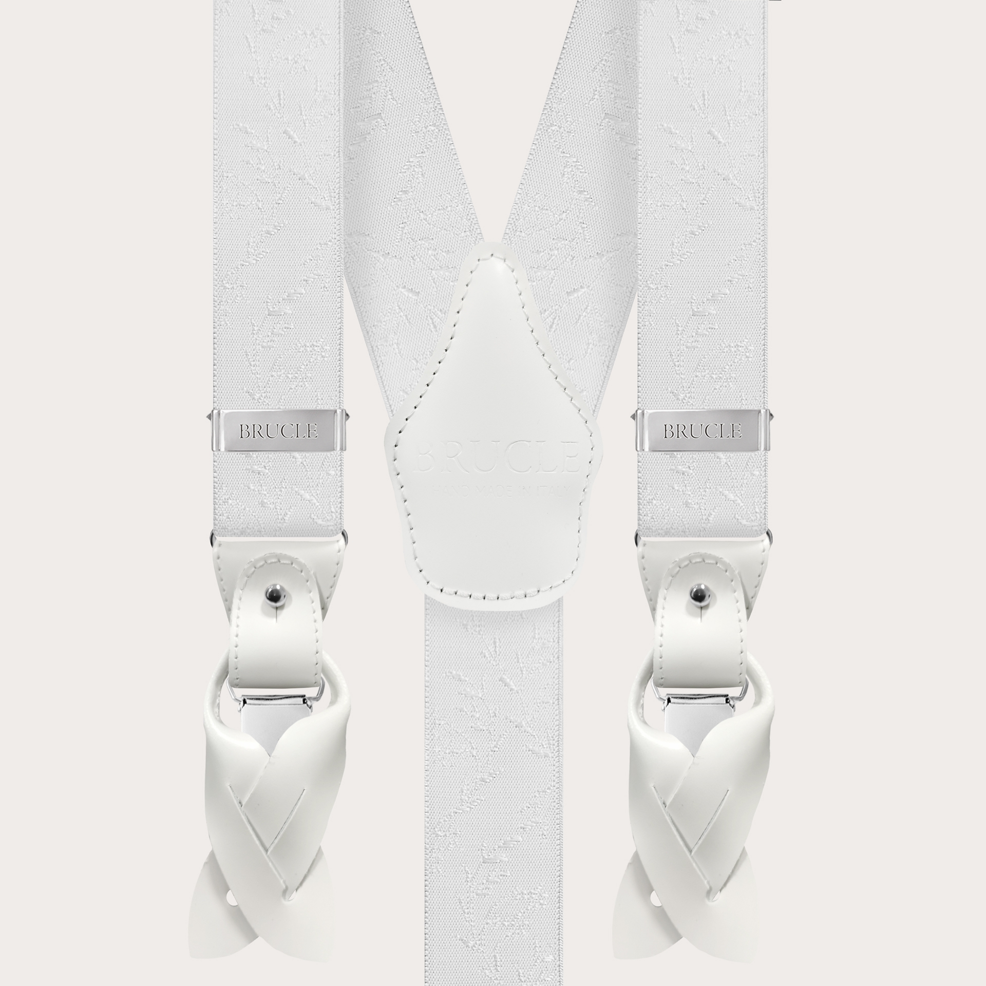 BRUCLE Nickel-free white ceremony suspenders with tone-on-tone pattern