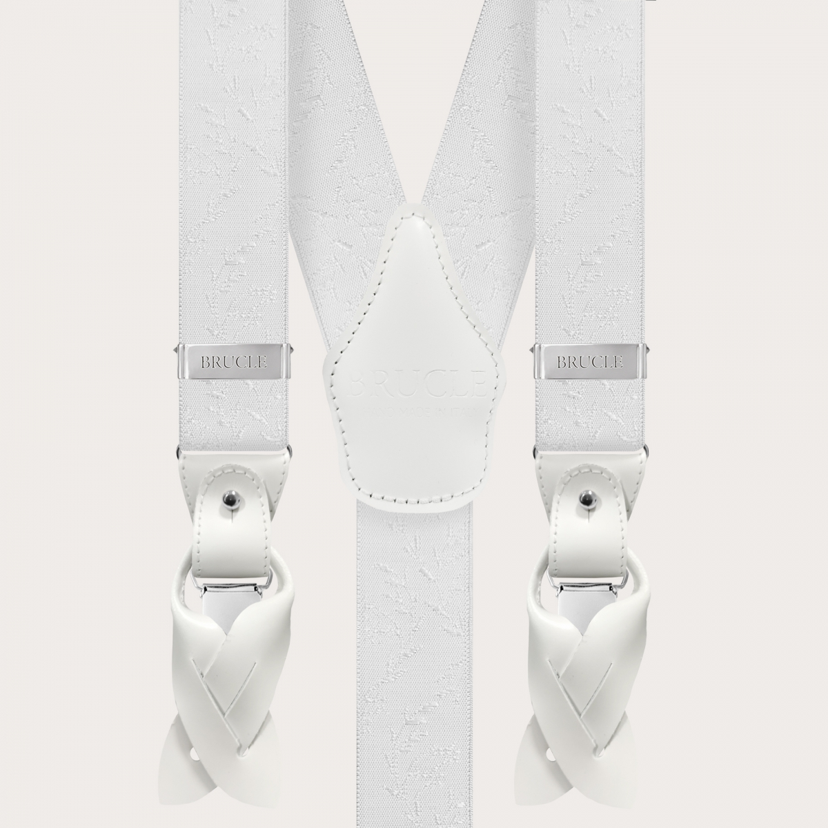 BRUCLE Nickel-free white ceremony suspenders with tone-on-tone pattern