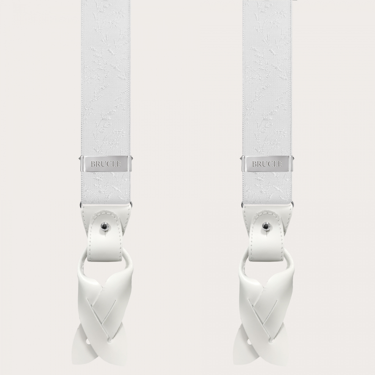 BRUCLE Nickel-free white ceremony suspenders with tone-on-tone pattern