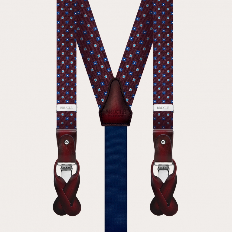 Suspenders and matching bow tie in burgundy floral patterned silk and cotton