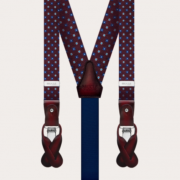 BRUCLE Suspenders and matching bow tie in burgundy floral patterned silk