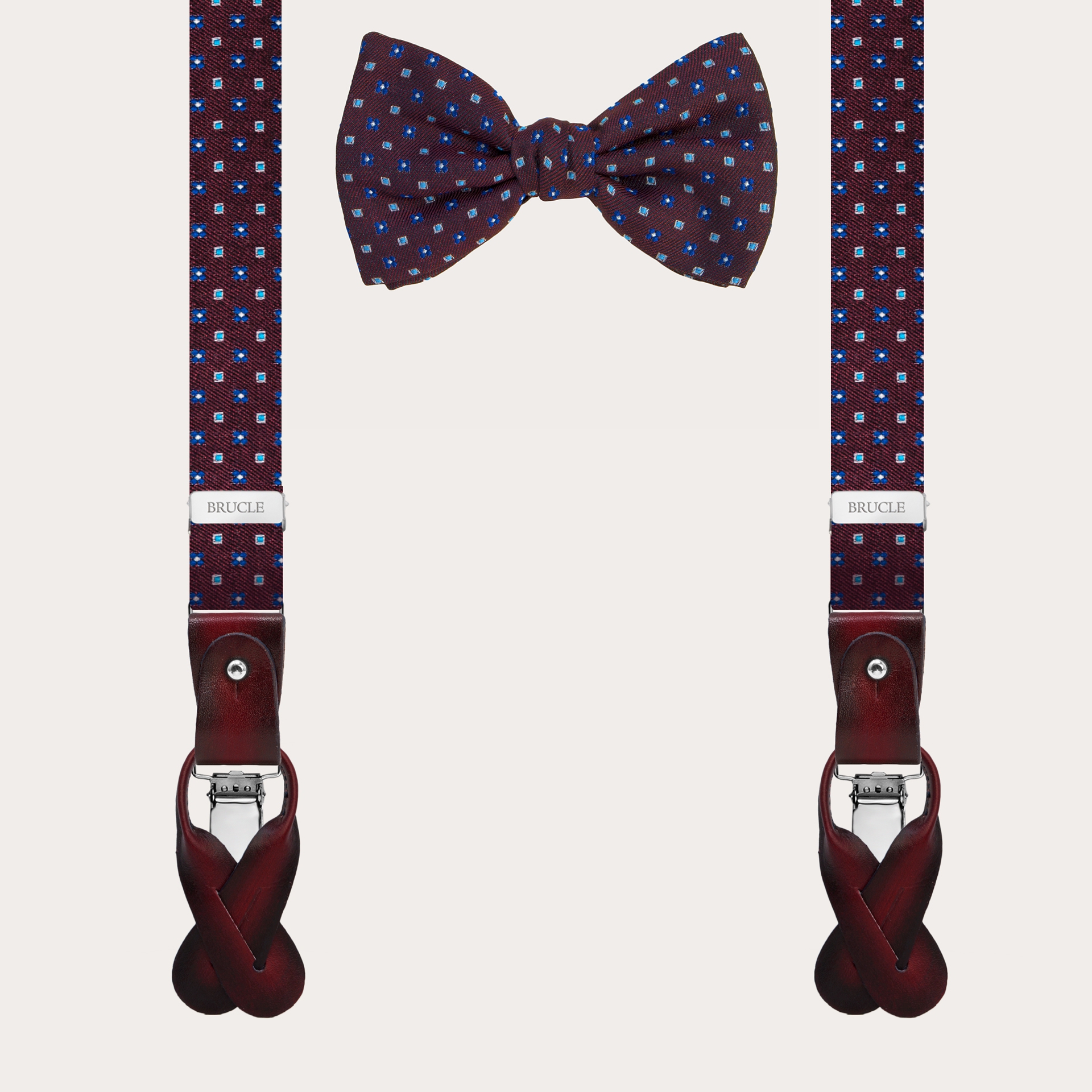 BRUCLE Suspenders and matching bow tie in burgundy floral patterned silk