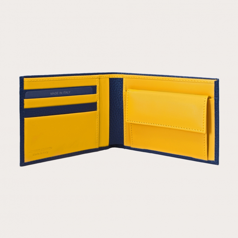 Blue men's wallet with coinpurse and yellow interior