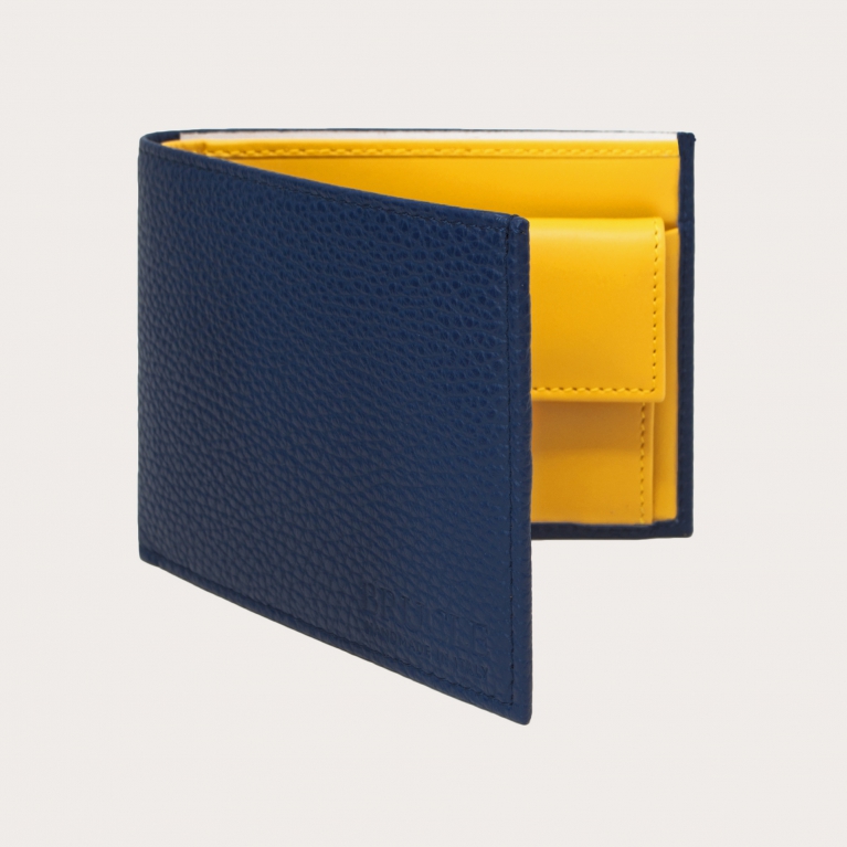 Portefeuille homme bleu avec porte-monnaie et intérieur jaune