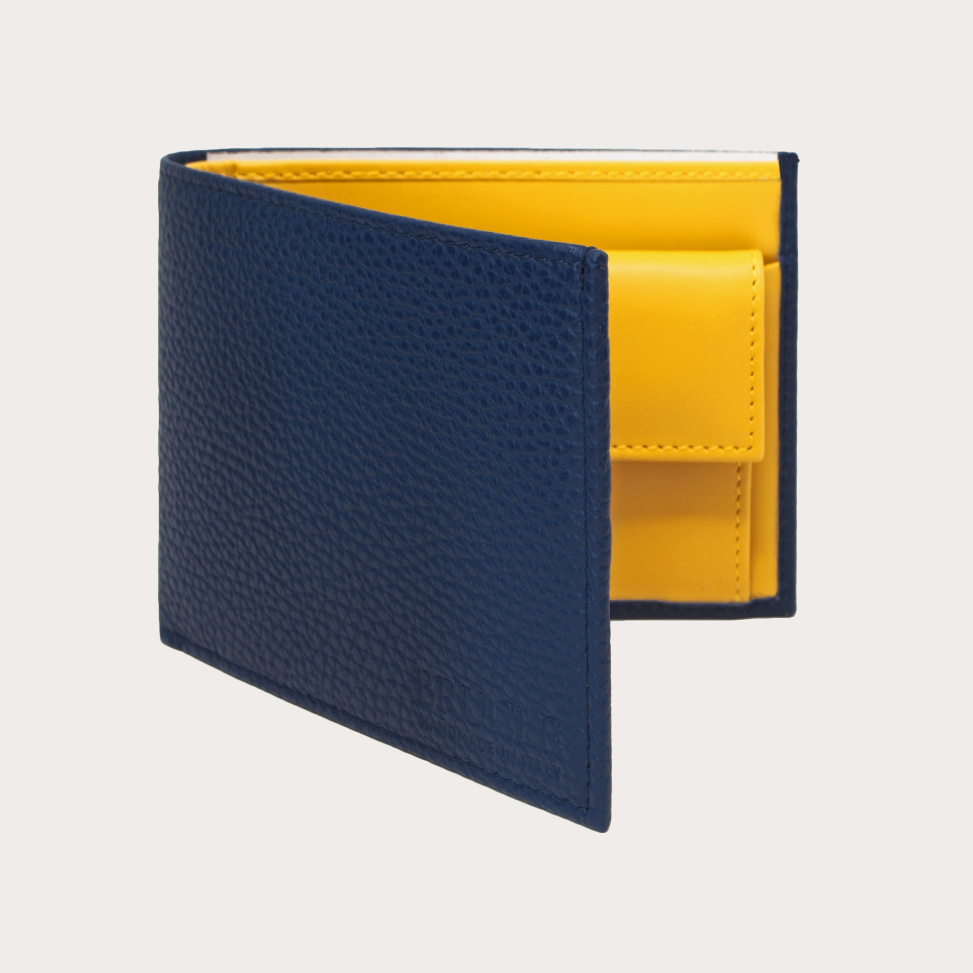 Blaue Herrenbrieftasche mit Geldbörse und gelber Innenausstattung
