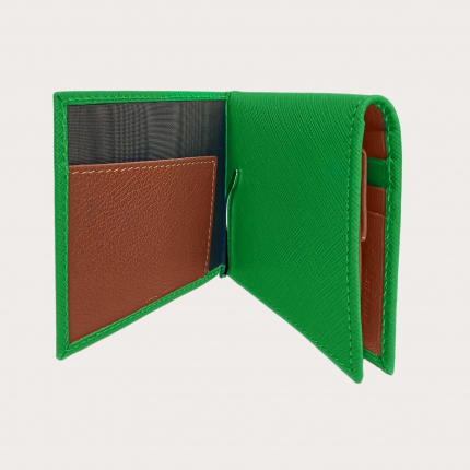 Compact mini wallet green saffiano with money clip and coin purse