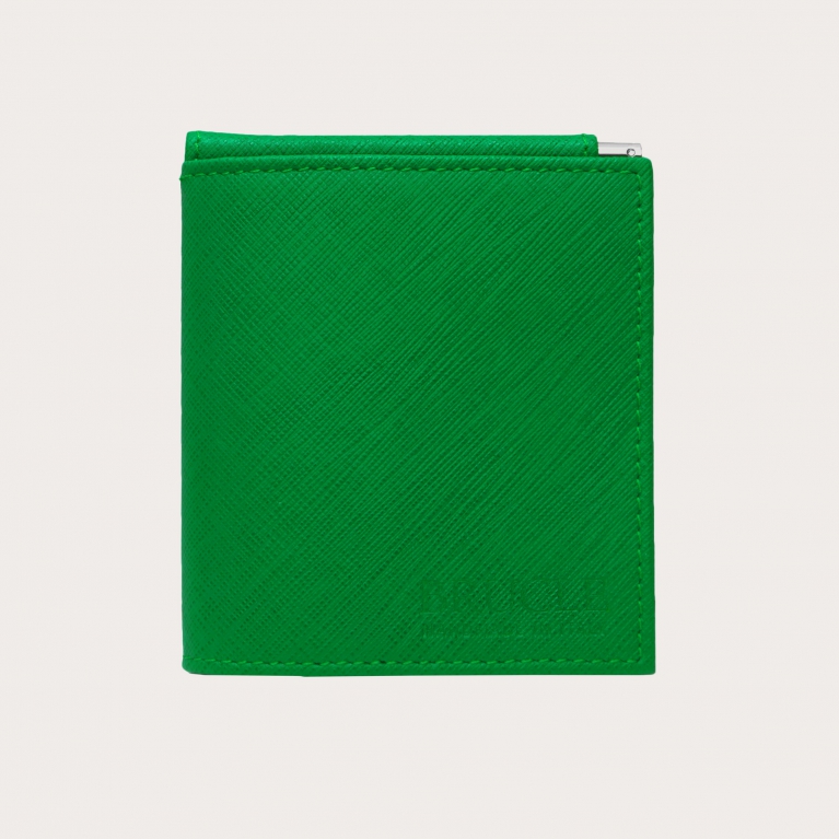 Mini portafoglio compatto verde saffiano con fermasoldi e portamonete