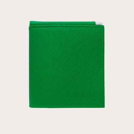 Compact mini wallet green saffiano with money clip and coin purse