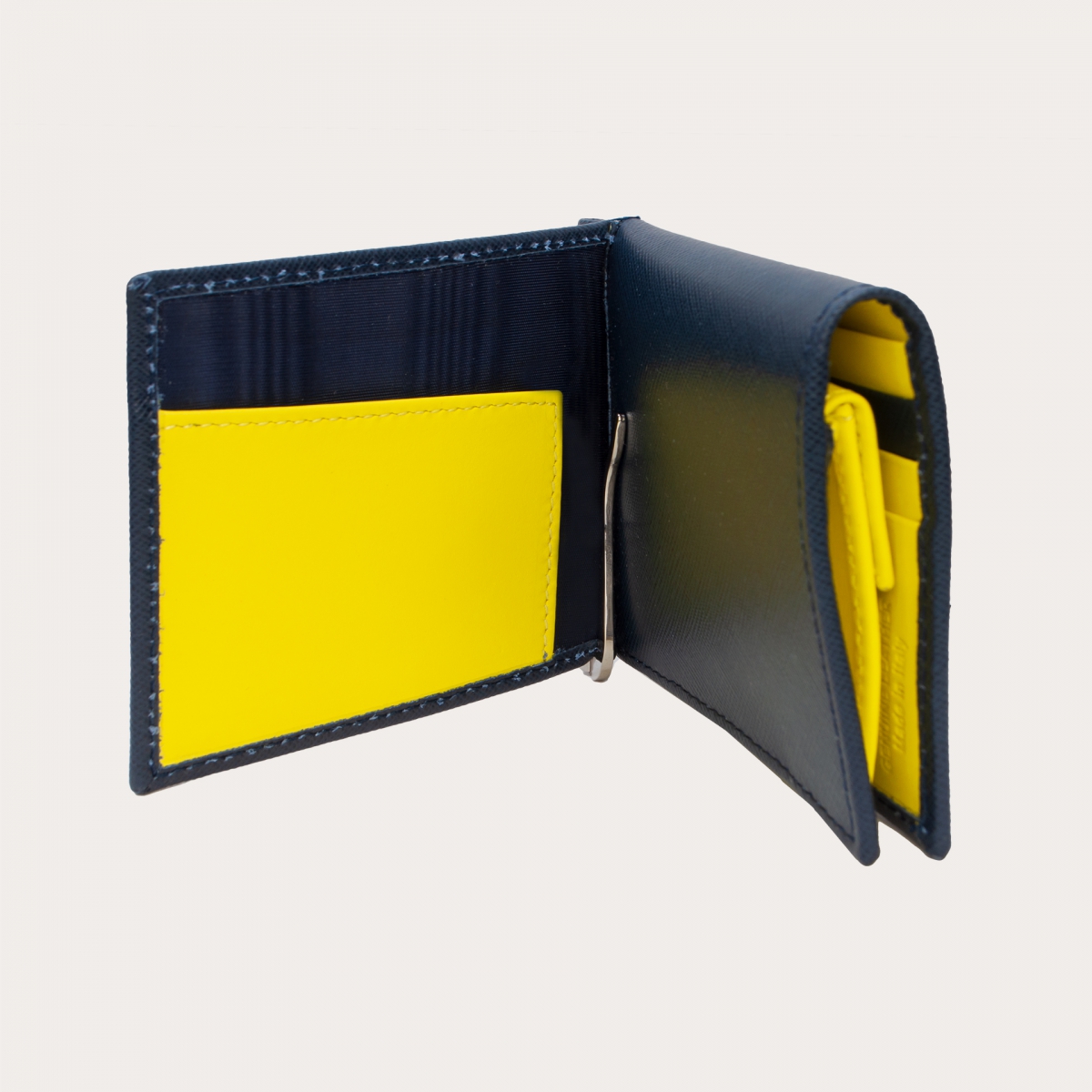 BRUCLE Compact mini wallet in saffiano leather with money clip and coin purse, blue and yellow