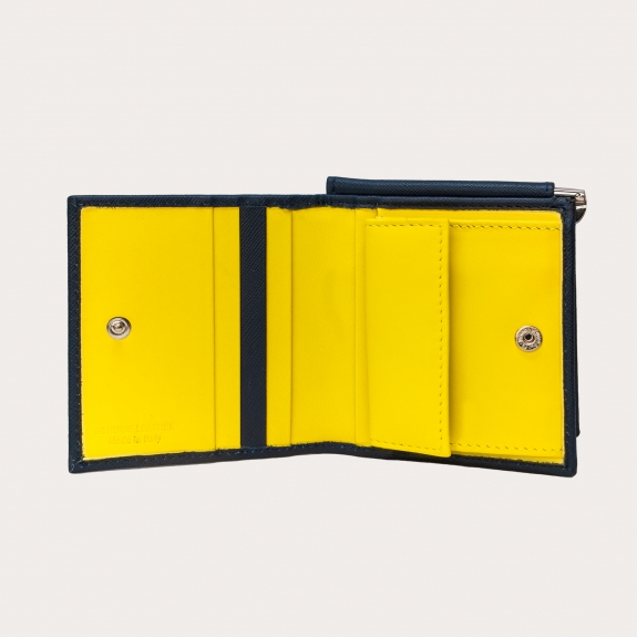 BRUCLE Kompakte Mini-Geldbörse aus Saffiano-Leder mit Geldscheinklammer und Geldbörse, blau und gelb