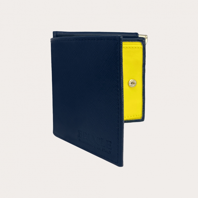 Mini portafoglio compatto in pelle saffiano con fermasoldi e portamonete, blu e giallo