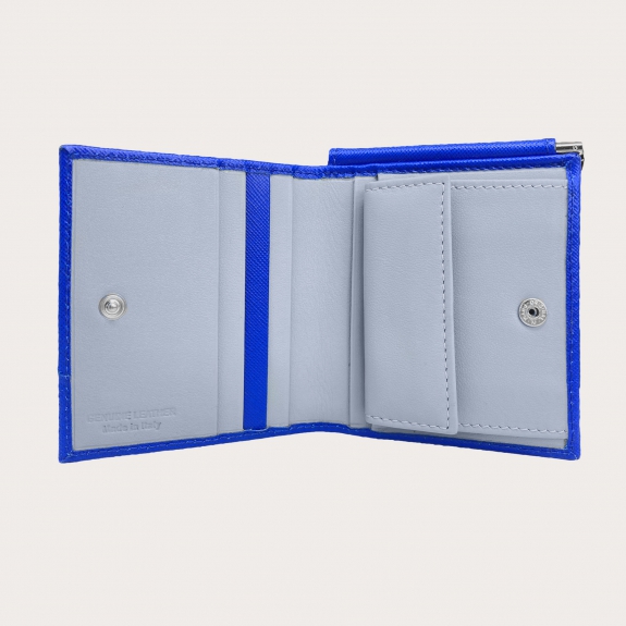 BRUCLE Mini monedero compacto azul real en piel Saffiano
