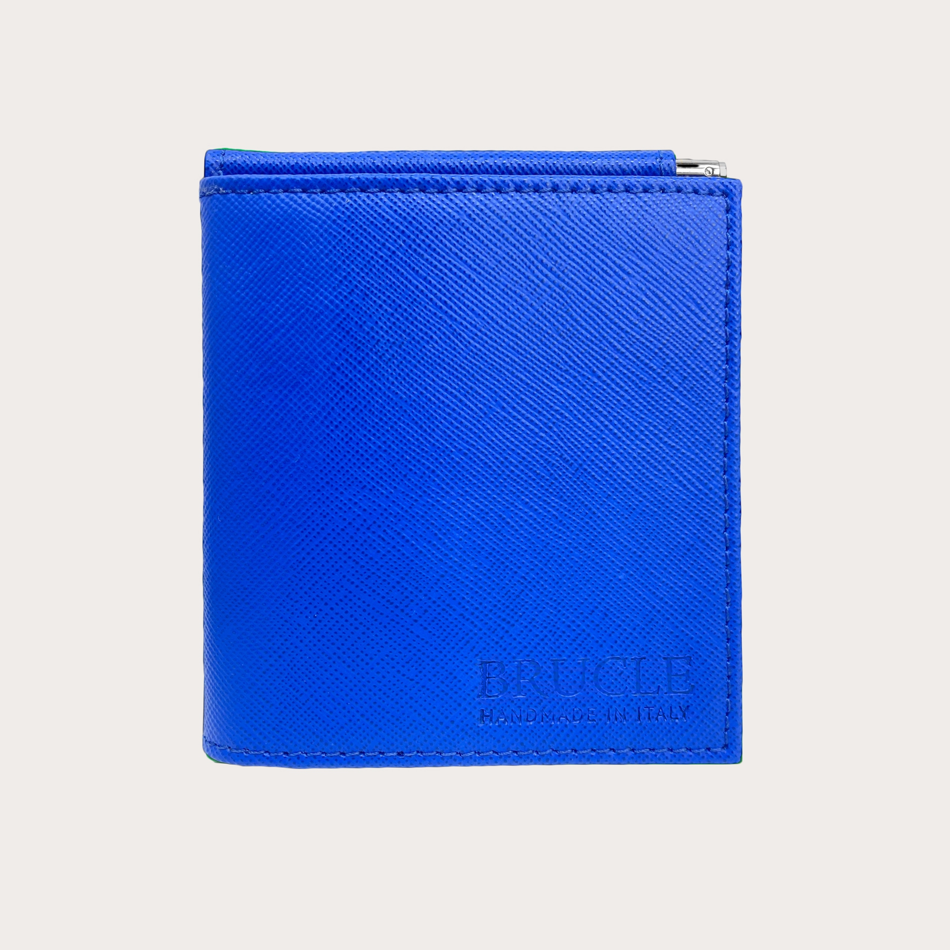 BRUCLE Compact mini wallet blue royal saffiano with money clip and coin purse