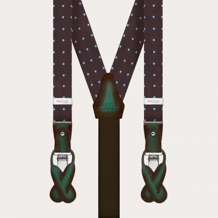 Refined thin suspenders in brown jacquard silk with light blue dotted pattern