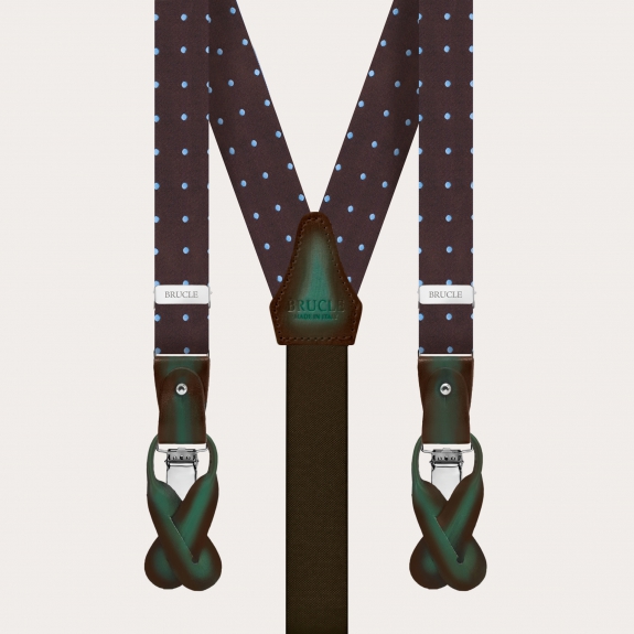 BRUCLE Refined thin suspenders in brown jacquard silk with light blue dotted pattern