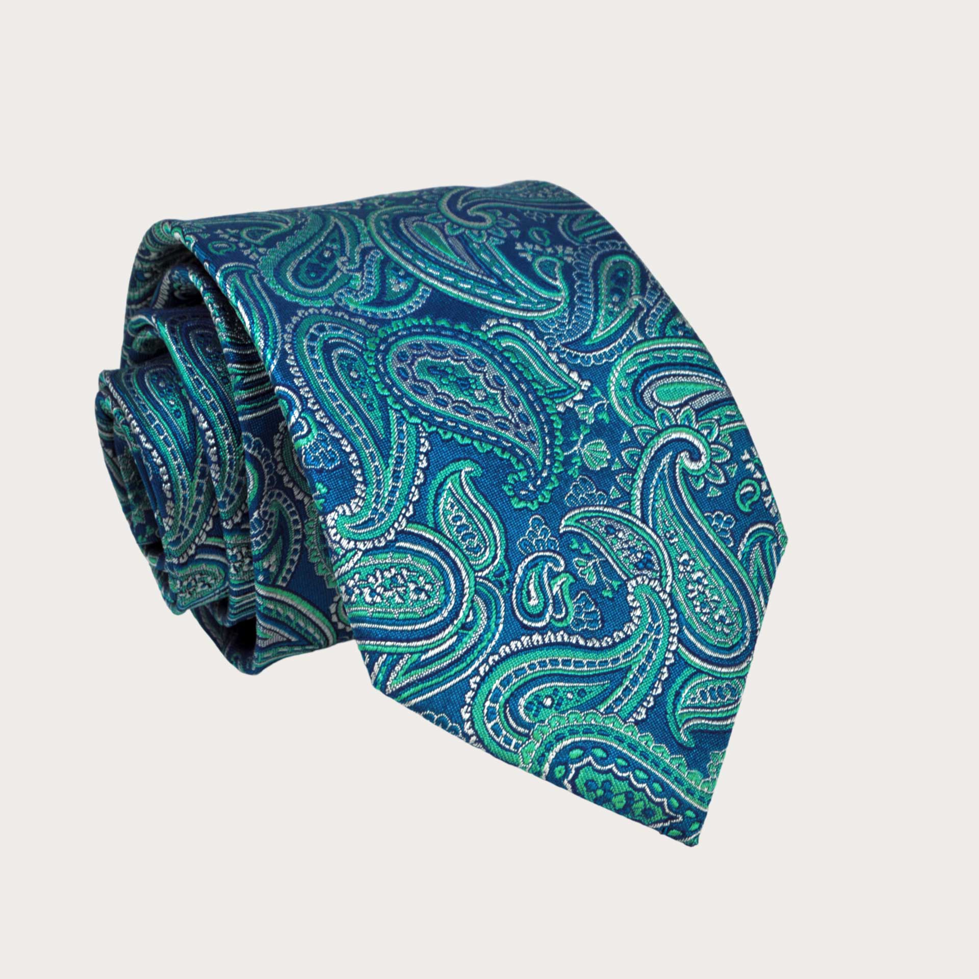 BRUCLE Cravatta uomo paisley blu e verde in seta jacquard