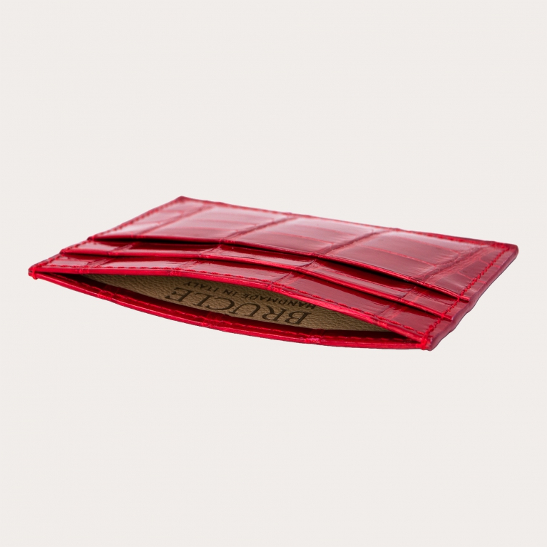 Glossy red credit card case in real alligator