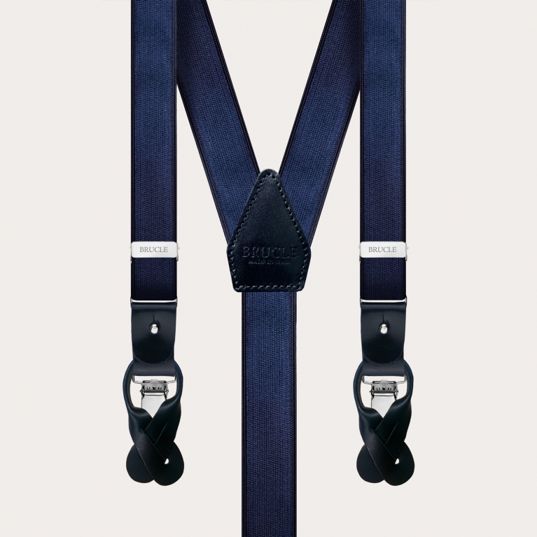 Matching set of elastic satin suspenders and navy blue silk tie