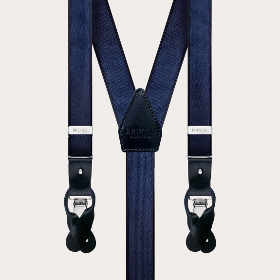 BRUCLE Set coordinato bretelle raso elastico e cravatta in seta blu navy
