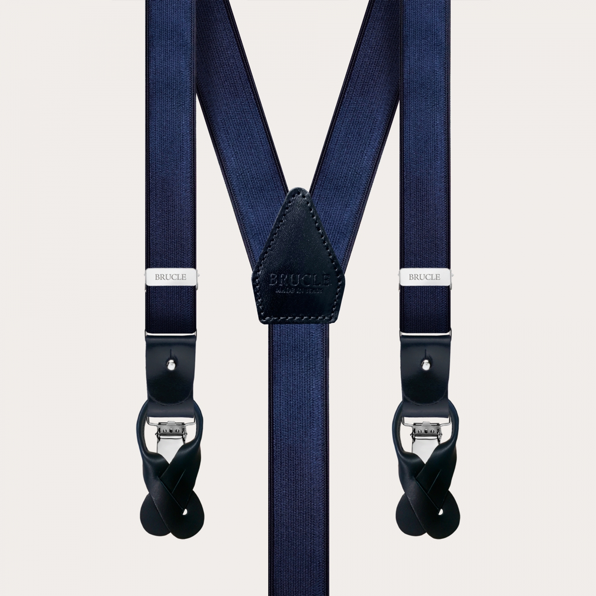 BRUCLE Matching set of elastic satin suspenders and navy blue silk tie