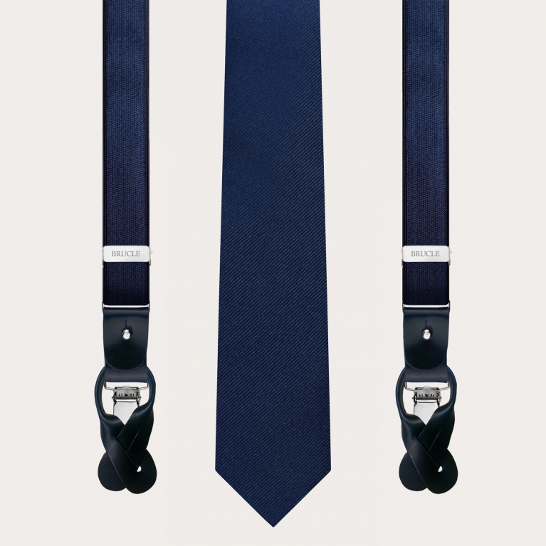 Matching set of elastic satin suspenders and navy blue silk tie