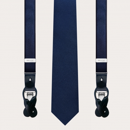 Set coordinato bretelle raso elastico e cravatta in seta blu navy