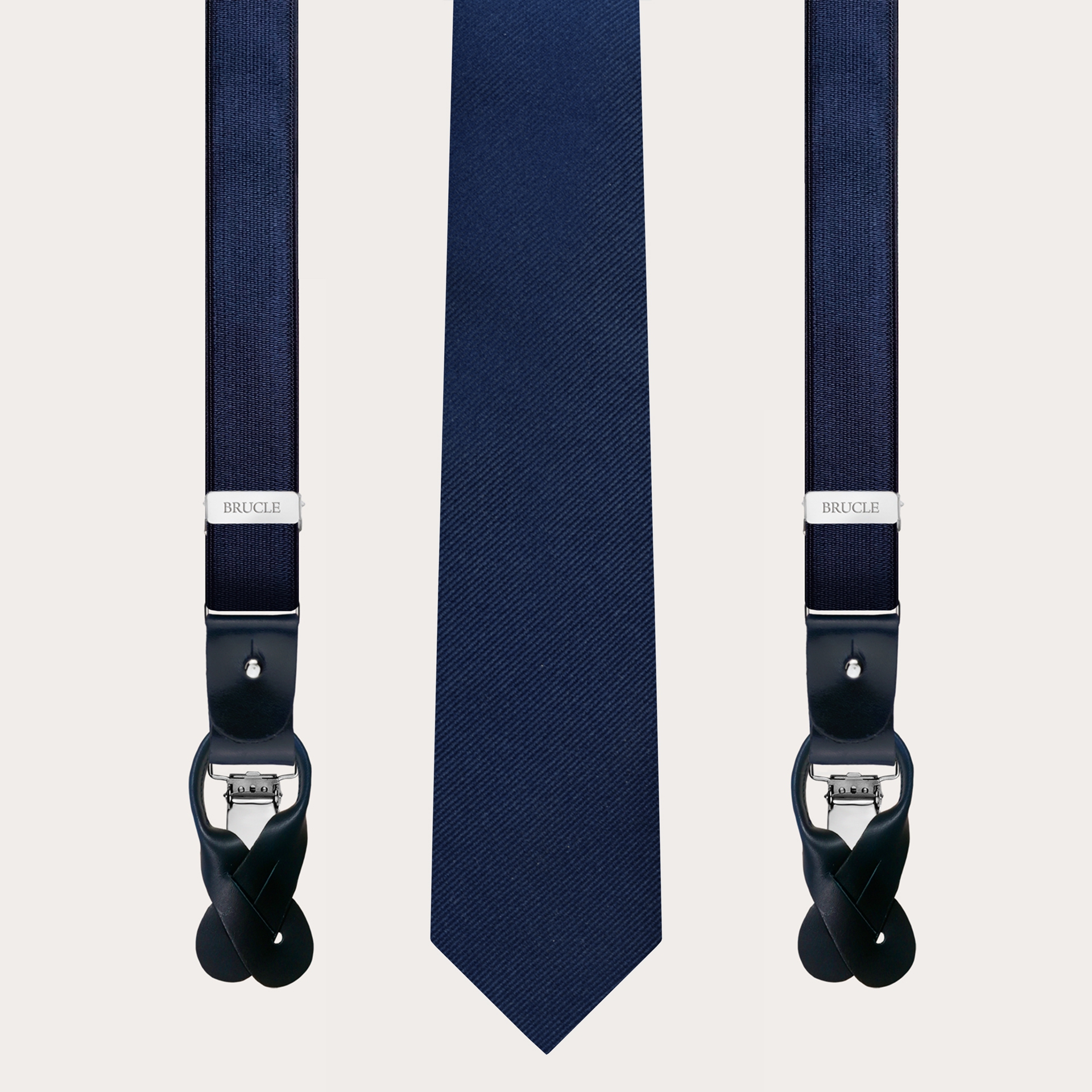 BRUCLE Matching set of elastic satin suspenders and navy blue silk tie
