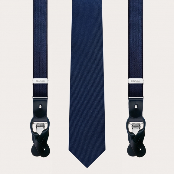 BRUCLE Conjunto a juego de tirantes de raso elástico y corbata de seda azul marino