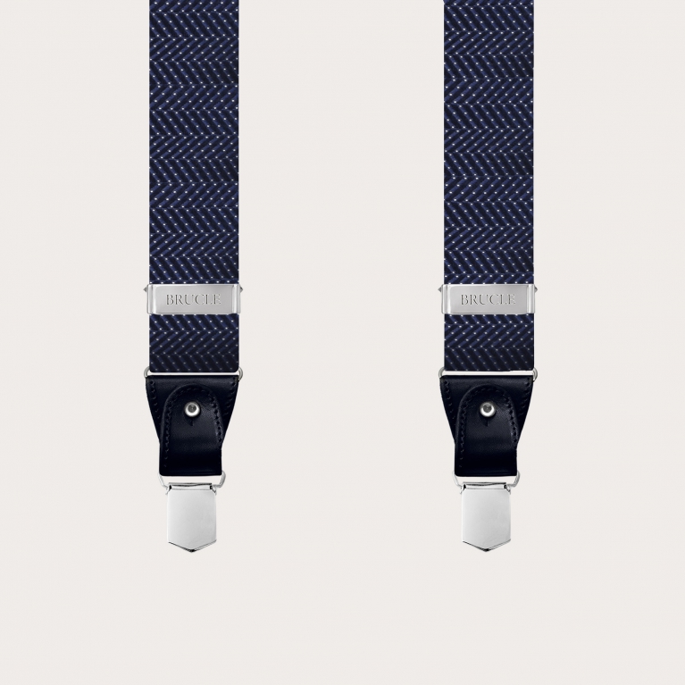 Formal Y-shape fabric suspenders in silk, dotted blue pattern