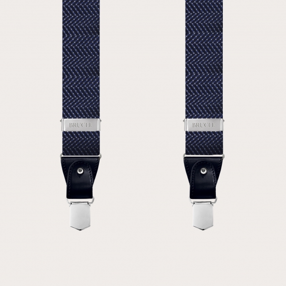 Bretelles larges en soie à motif bleu en pointillé à clip ou boutonniere