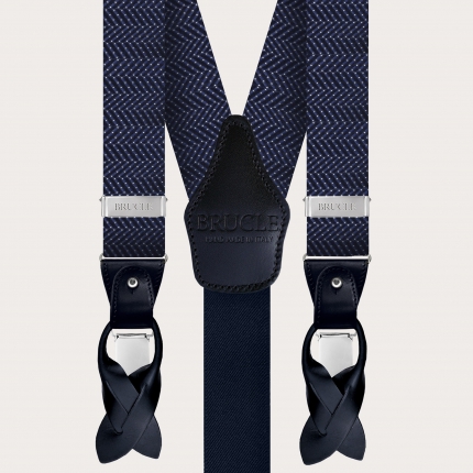 Formal Y-shape fabric suspenders in silk, dotted blue pattern