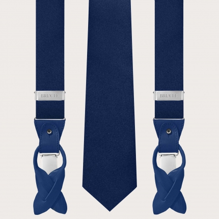 Matching suspenders and necktie in blue jacquard silk