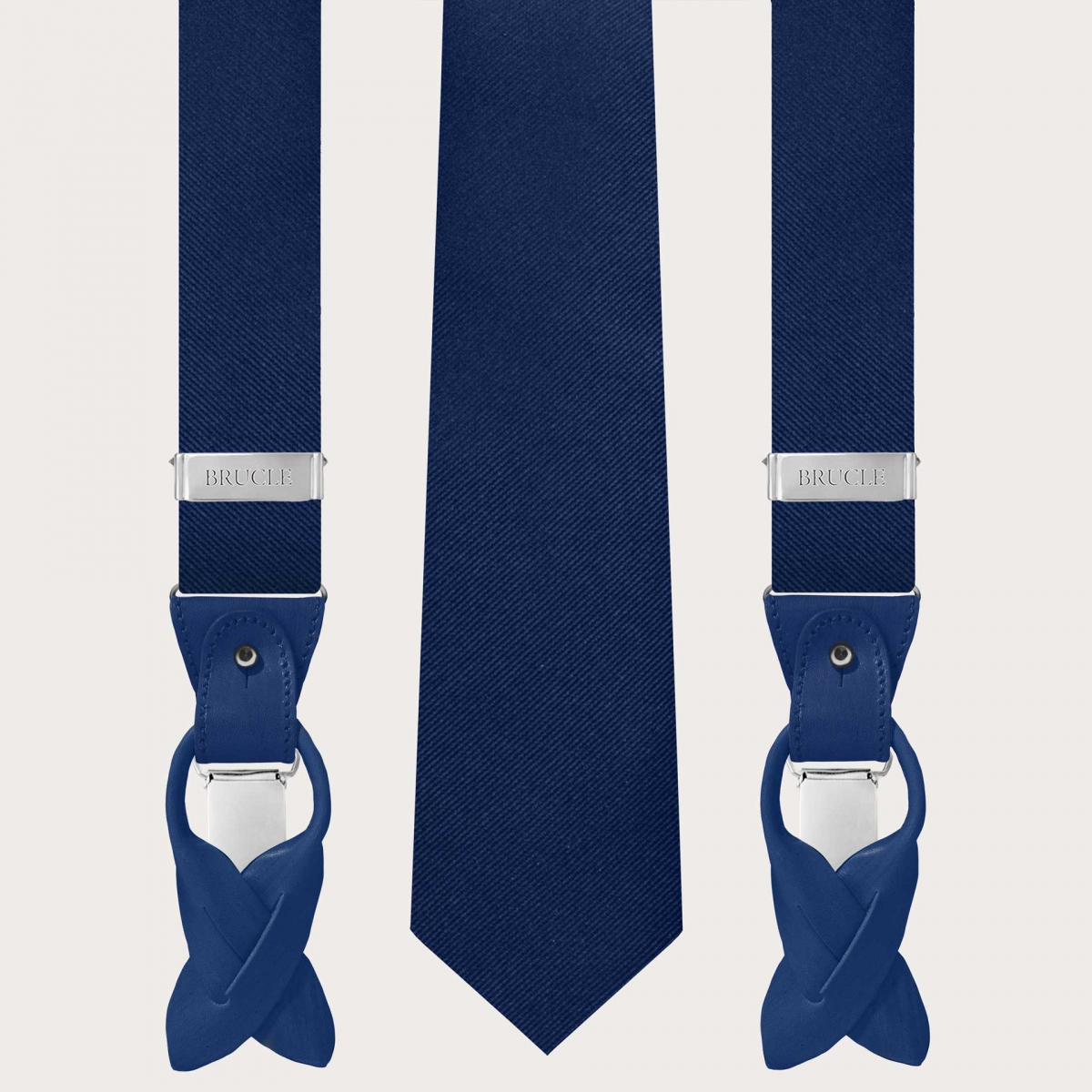Bretelles et cravate assorties bleu en soie jacquard