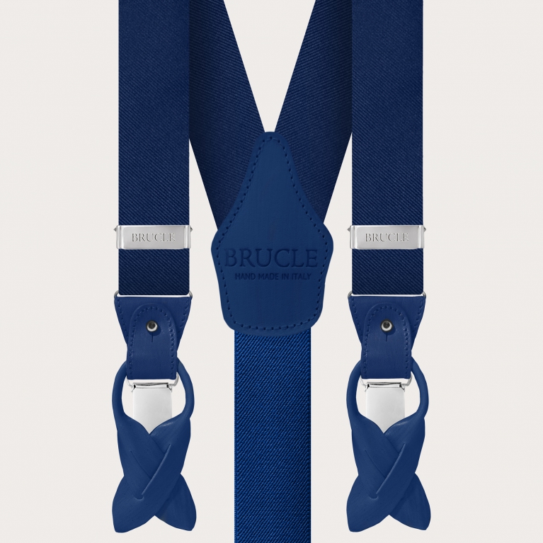 Passende Hosenträger und Krawatte aus blau Jacquard-Seide