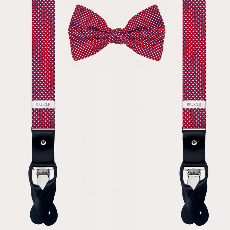 Coordinated suspenders and bow tie in silk, red pattern with micro-designs