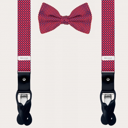 Coordinated suspenders and bow tie in silk, red pattern with micro-designs
