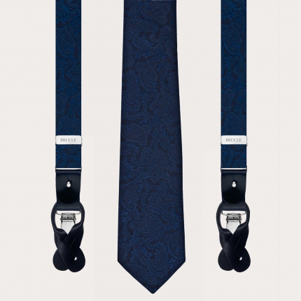 Tirantes y corbata en seda, paisley azul