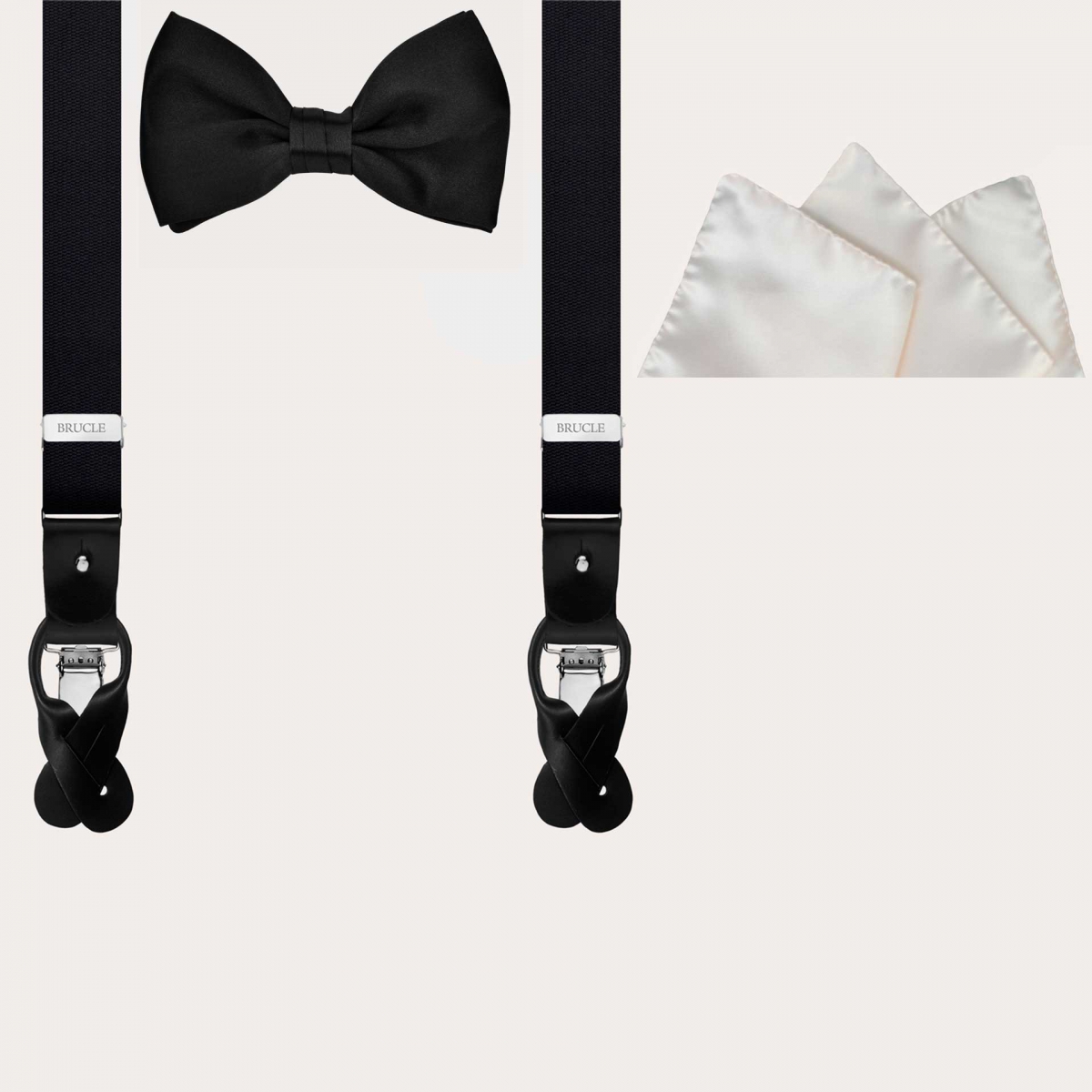BRUCLE Conjunto de boda para hombre: tirantes, pajarita y pañuelo de bolsillo de seda