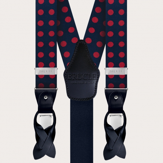 Formal Y-shape silk tubular suspenders, blue with red polka dots